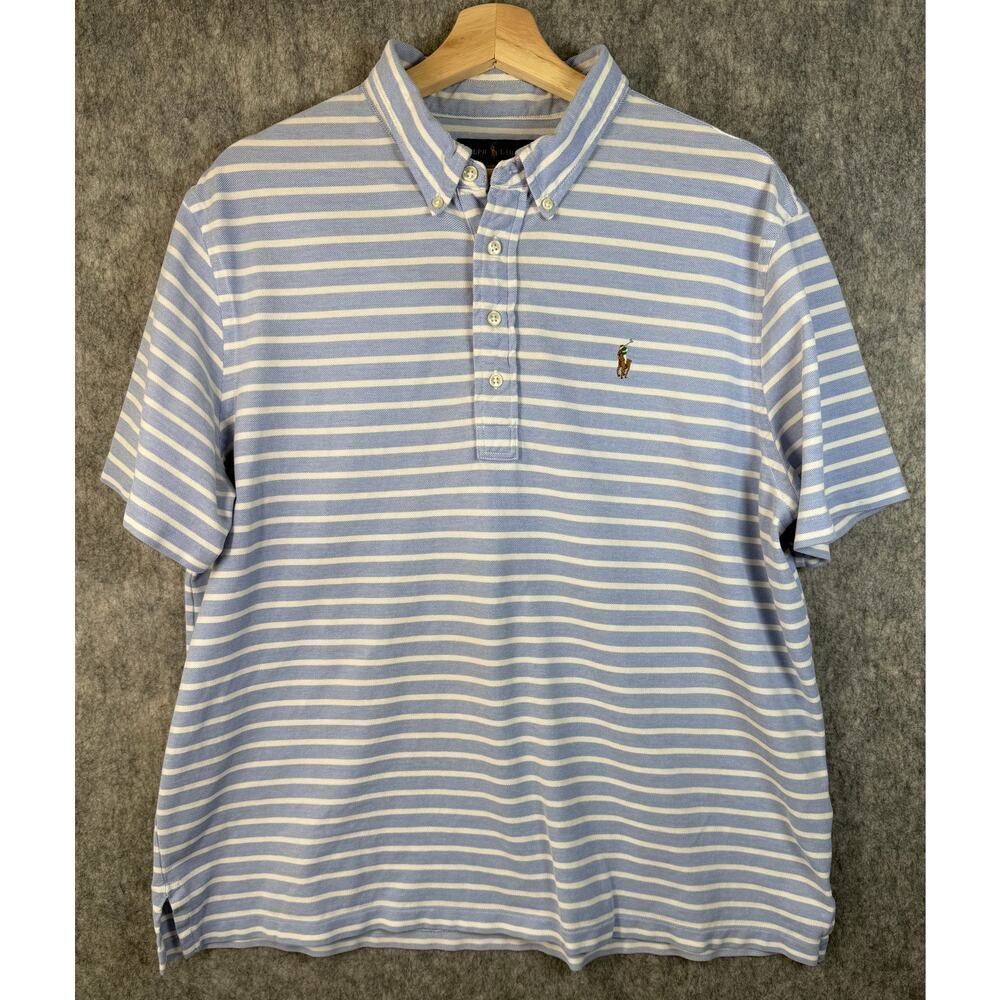 Polo Ralph Lauren Knit Oxford 4 Button XXL Blue White Striped Polo Shirt Preppy